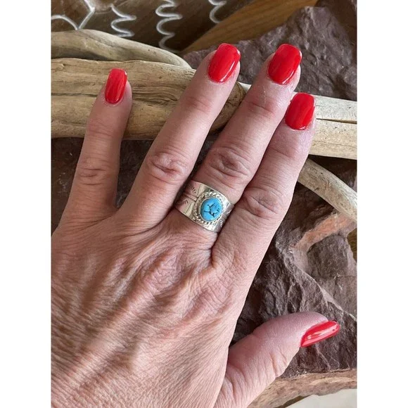 Navajo Sterling Silver Turquoise Cigar Band Ring - Picture 7 of 11